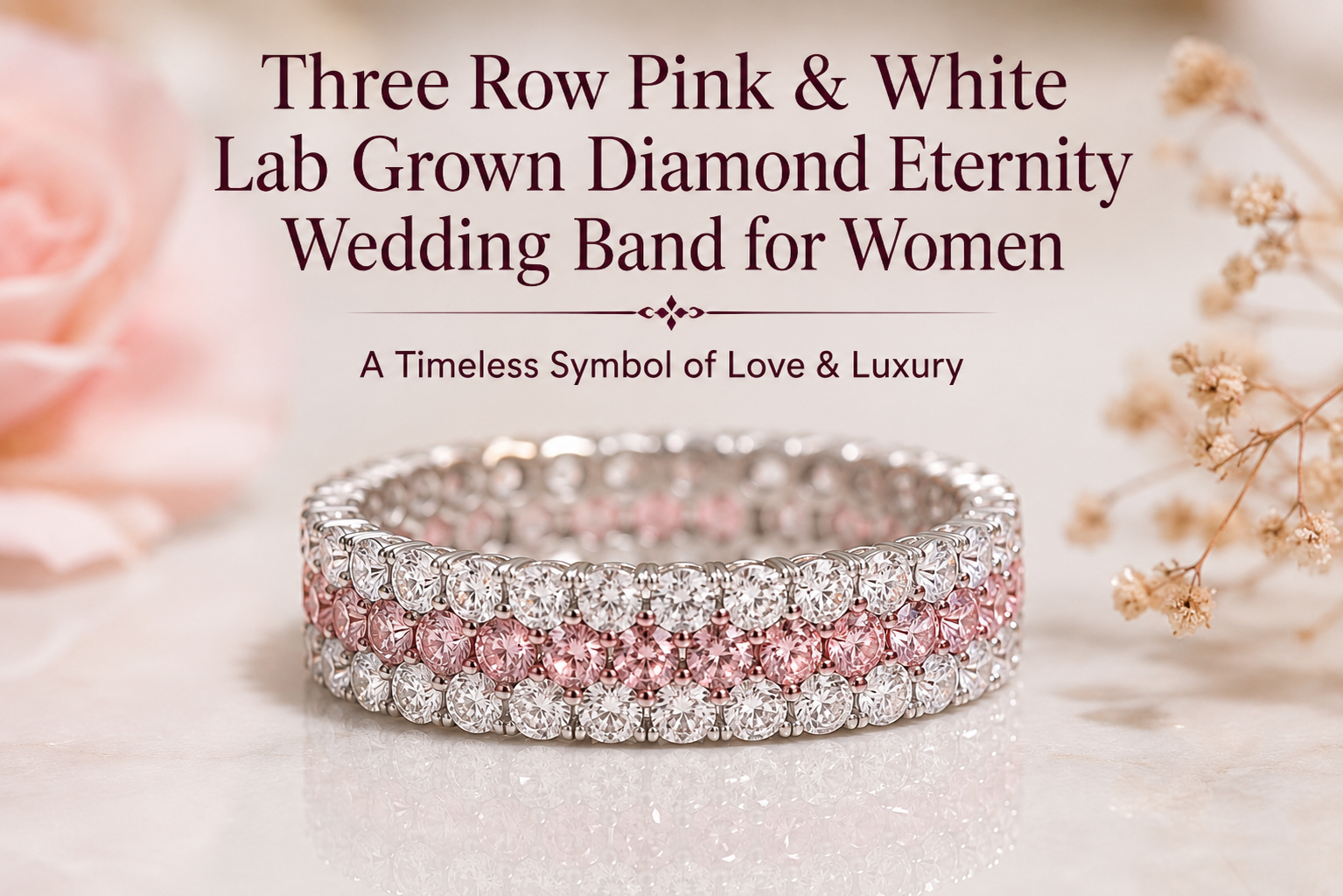 Three Row Pink & White Lab Grown Diamond Eternity Wedding Band for Women