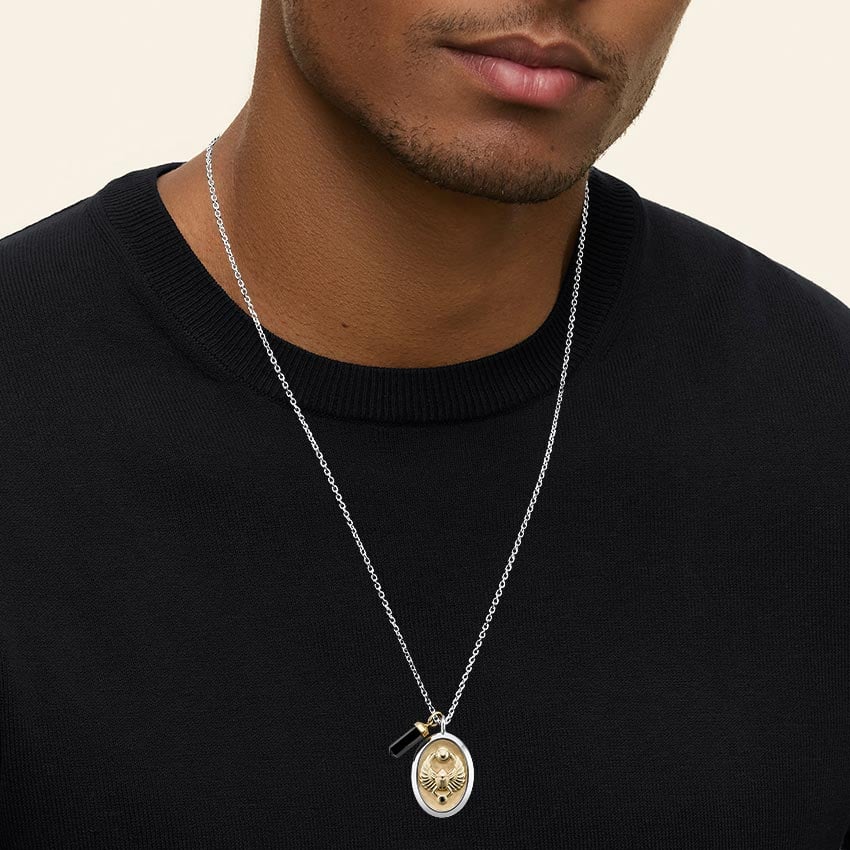 Scarab Black Onyx and Diamond Pendant in 14K Yellow Gold and 14K White Gold