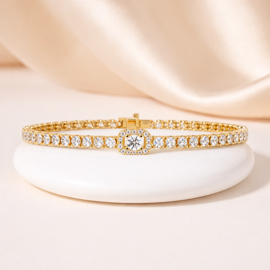 Lab Grown Diamond 4.50 CTW Halo Centerpiece with Graduated Accents Bracelet-925 Sterling Silver