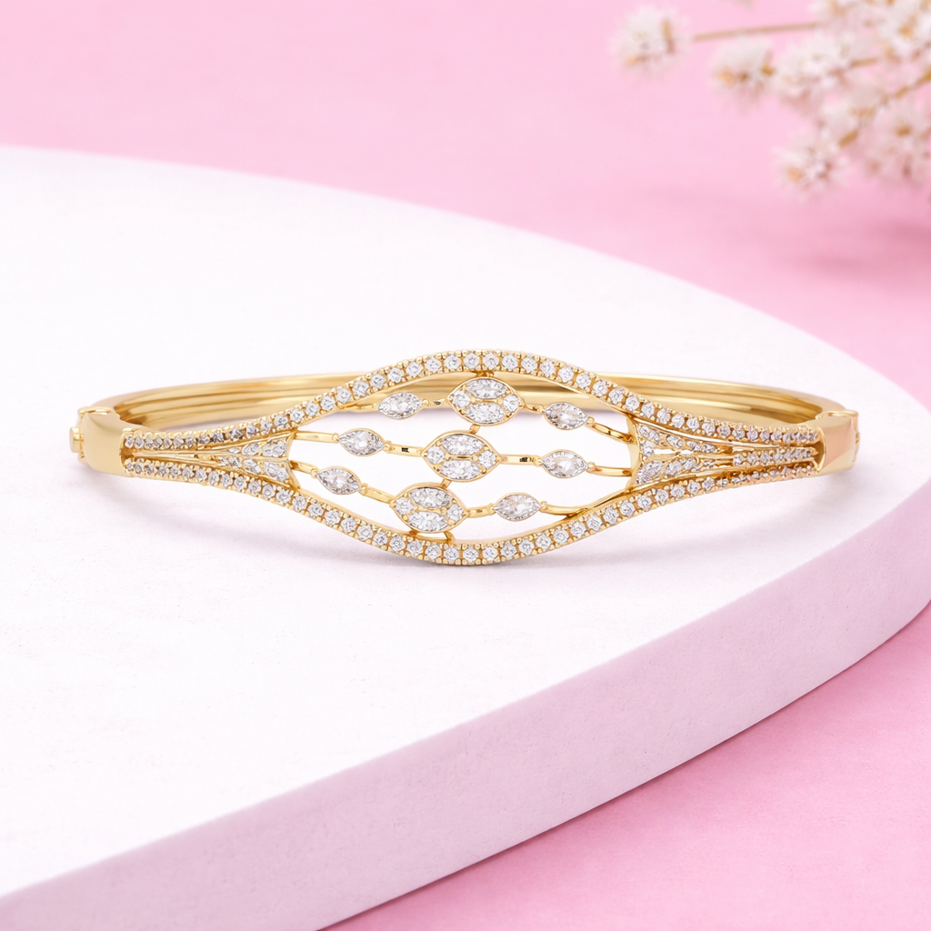 Lab Grown Diamond 1.90 CTW Leaf Filigree Design Bangle Bracelet -925 Sterling Silver