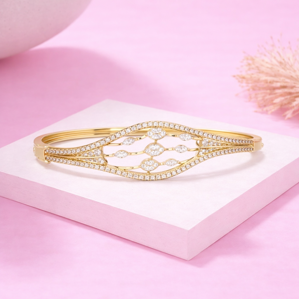 Lab Grown Diamond 1.90 CTW Leaf Filigree Design Bangle Bracelet -925 Sterling Silver