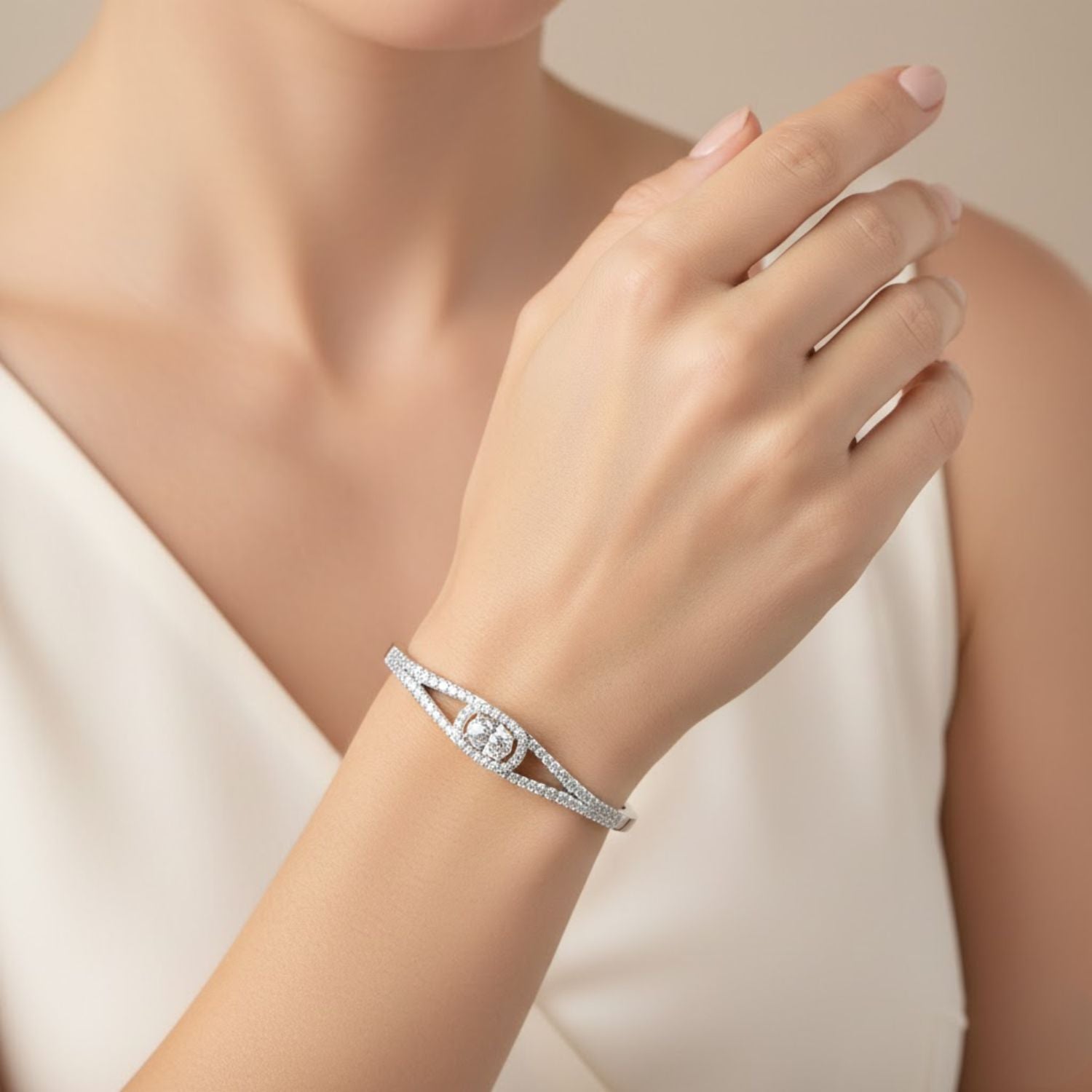 Lab Grown Diamond 3.10 CTW Halo Bangle Bracelet -925 Sterling Silver