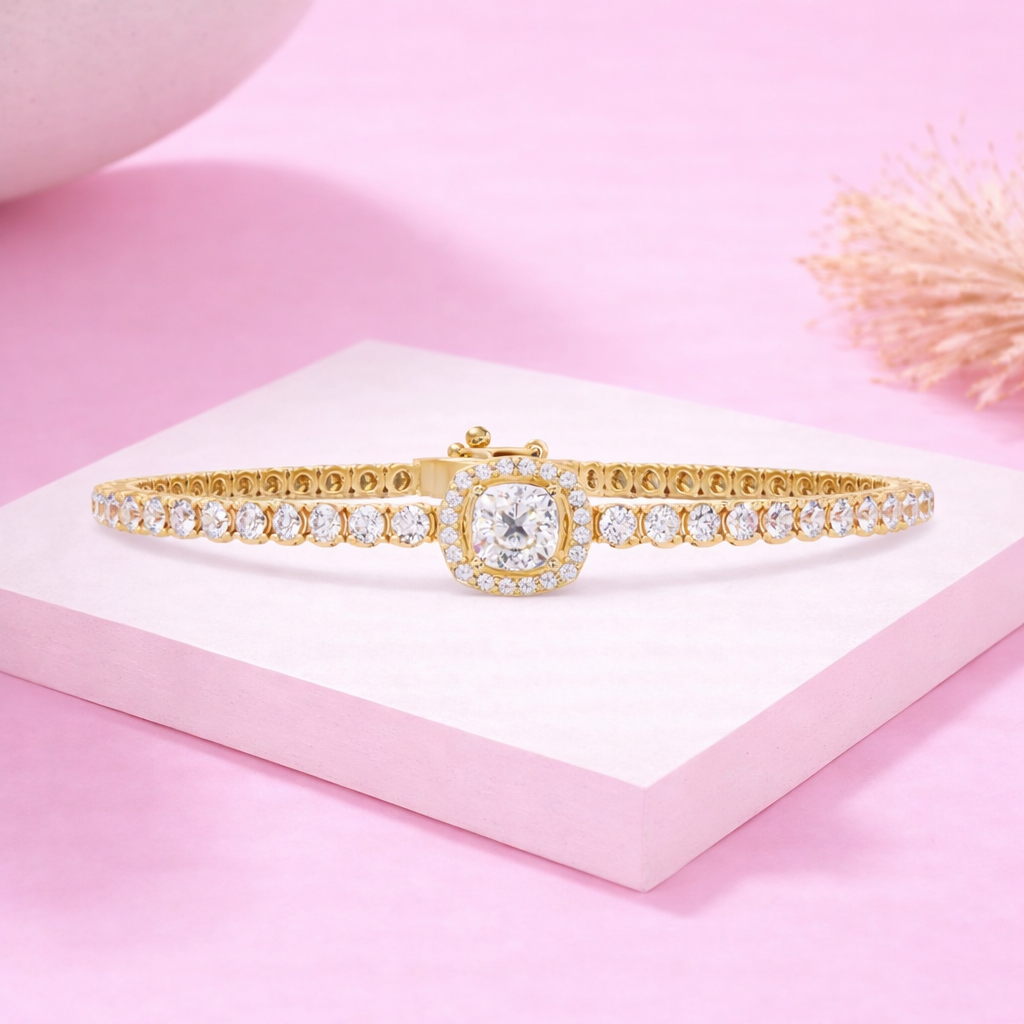 Lab Grown Diamond 4.30 CTW Cushion Halo Bangle Bracelet -925 Sterling Silver