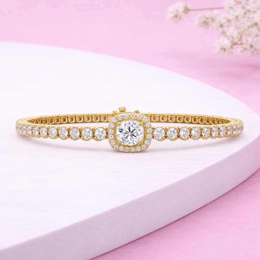 Lab Grown Diamond 4.30 CTW Cushion Halo Bangle Bracelet -925 Sterling Silver