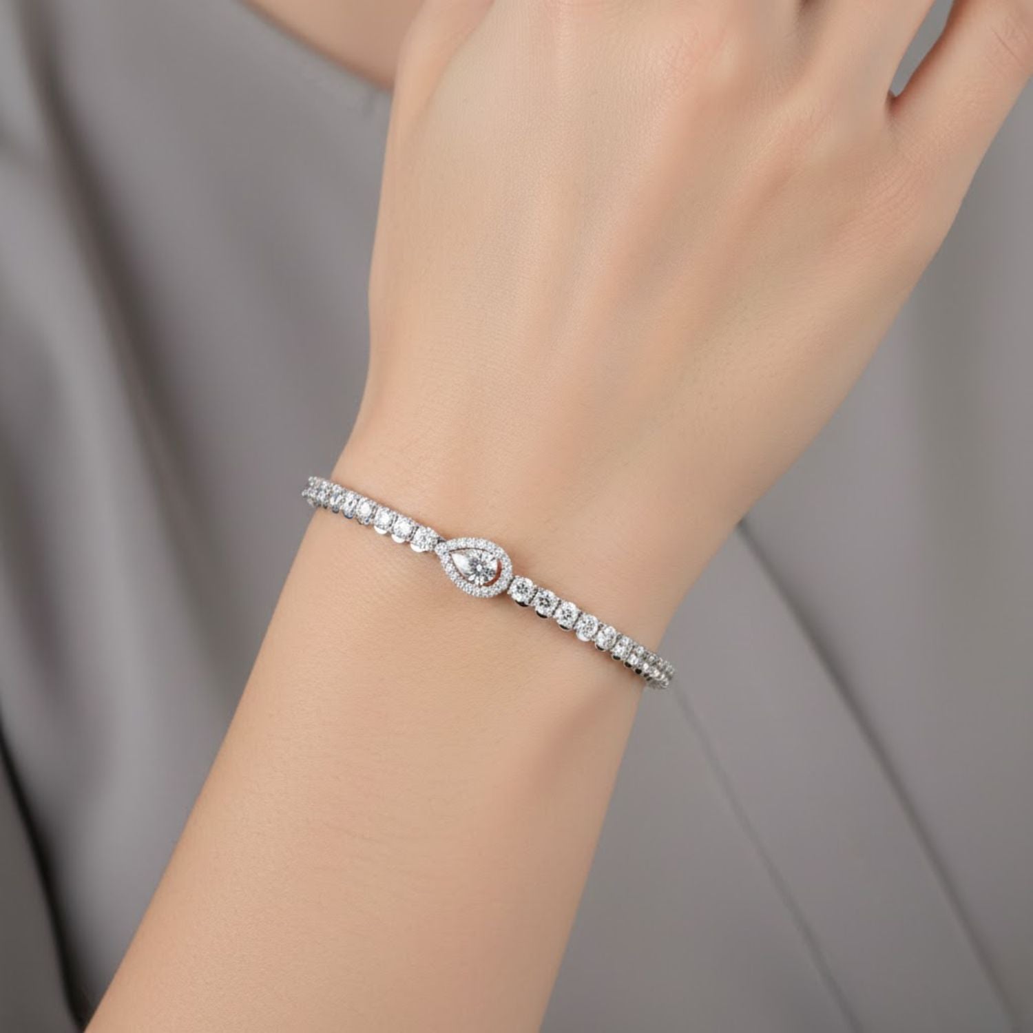 Lab Grown Diamond 3.65 CTW Pear Halo Tennis Bracelet -925 Sterling Silver