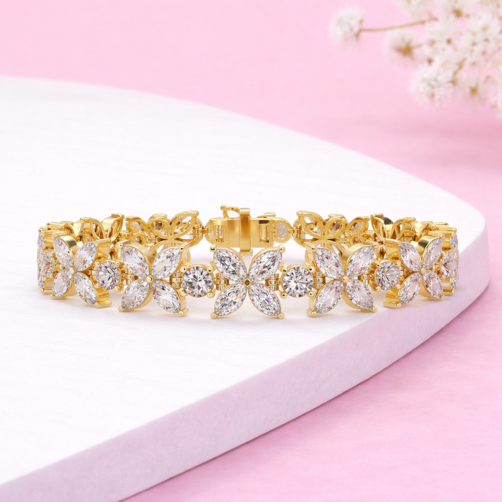 Lab Grown Diamond 14.00 CTW Floral Link Bracelet -925 Sterling Silver
