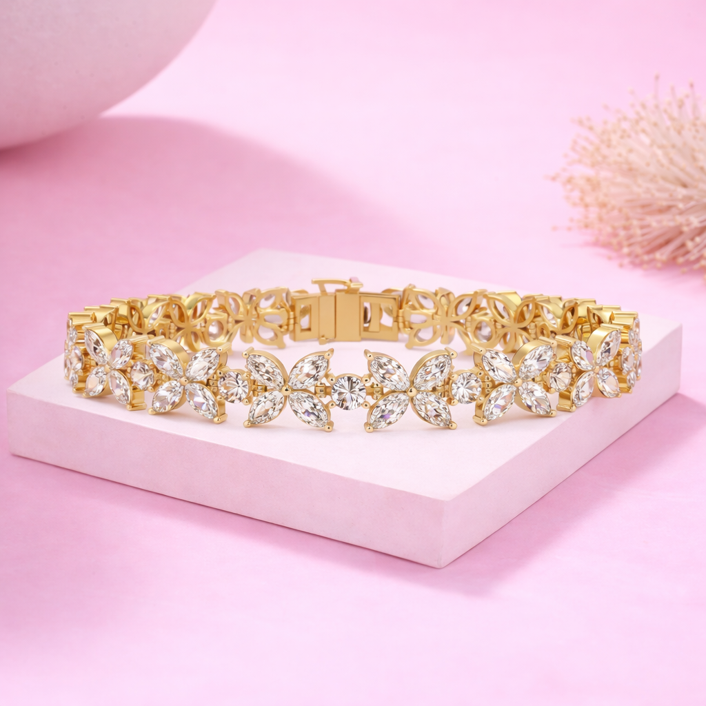 Lab Grown Diamond 14.00 CTW Floral Link Bracelet -925 Sterling Silver