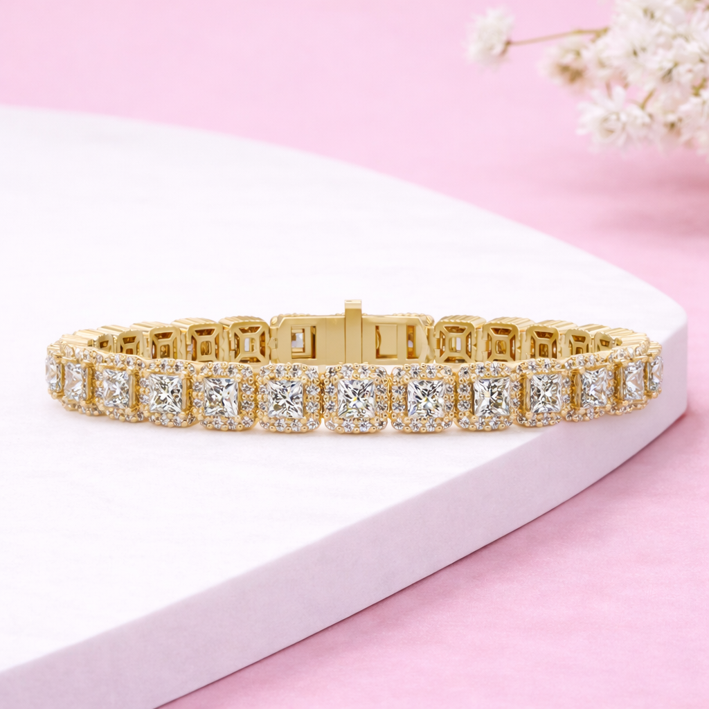 Lab Grown Diamond 8.75 CTW Princess Cut Halo Tennis Bracelet-925 Sterling Silver