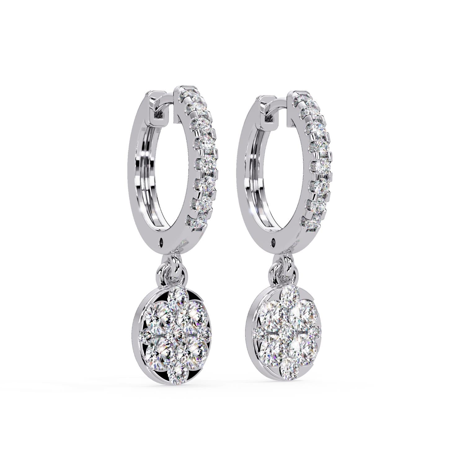 Round 1.10 Ct Lab-Grown Diamond Drop Floral Cluster Hoop Earrings - Sterling Silver