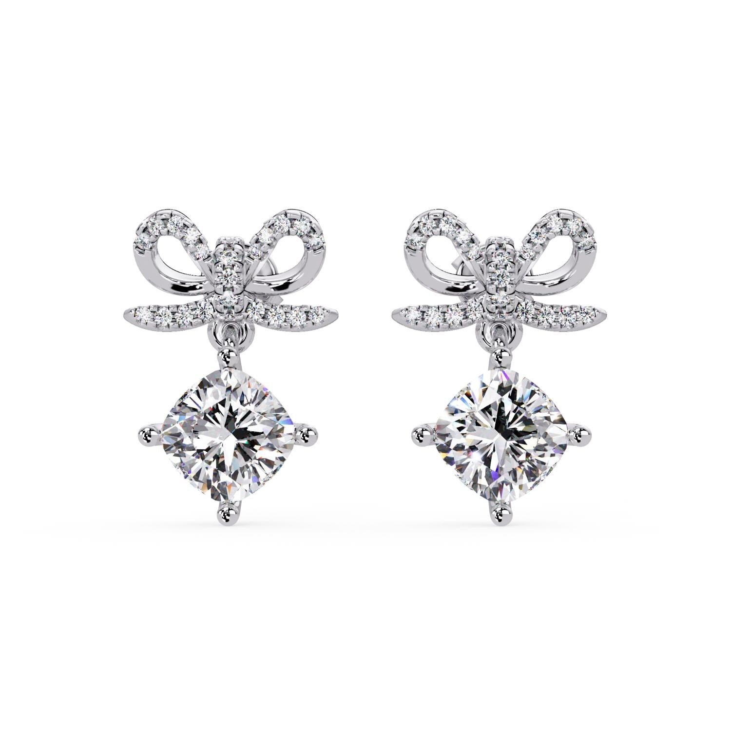 Cushion 2.50 Ct Lab-Grown Diamond Bow Drop Halo Earrings - Sterling Silver