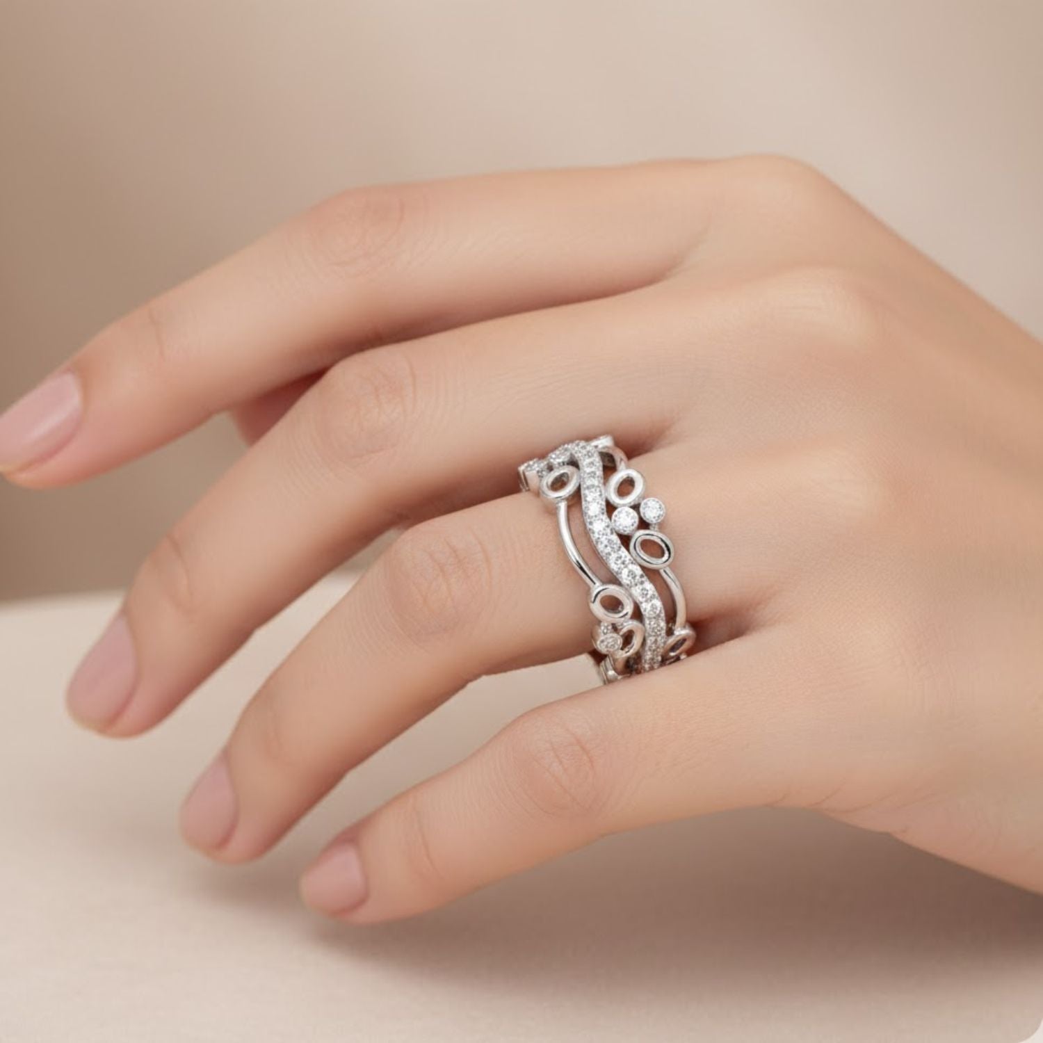 Lab Grown Diamond 0.50 CTW Round Curved Multi-Layer Ring- Sterling Silver