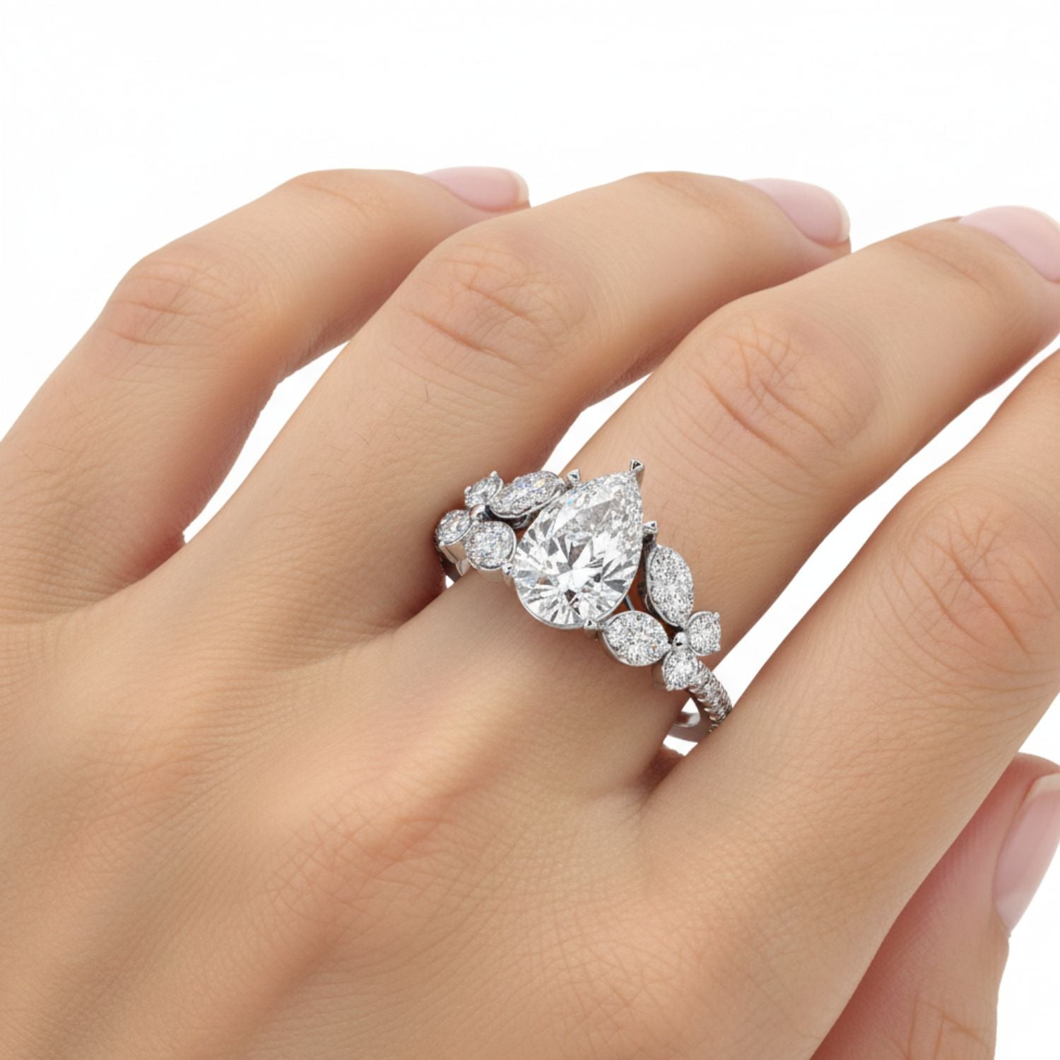 Lab Grown Diamond 1.50 CTW Pear Floral Halo Ring- Sterling Silver
