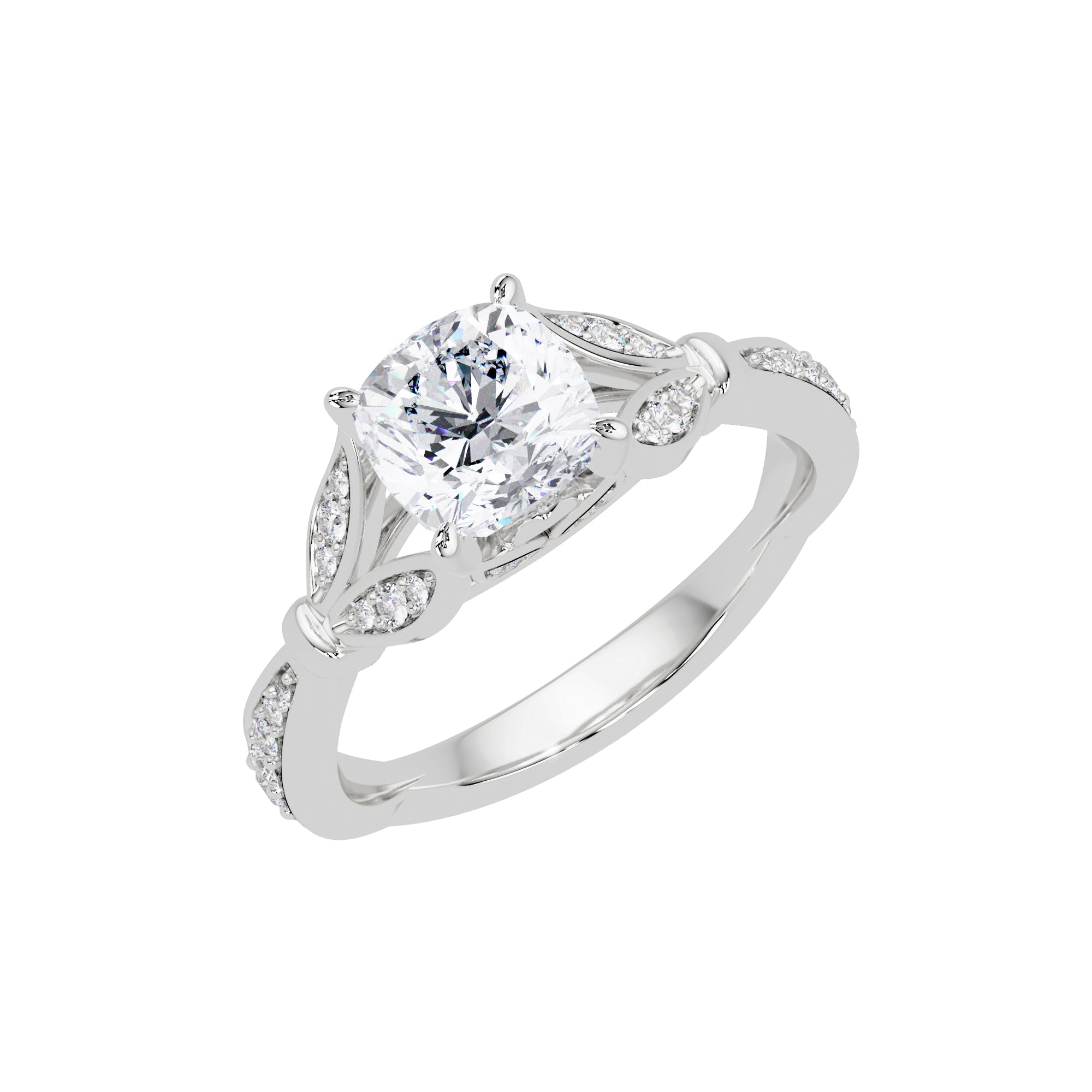 Lab Grown Diamond 1.60 CTW Cushion Vintage Inspired Leaf Design Ring- Sterling Silver