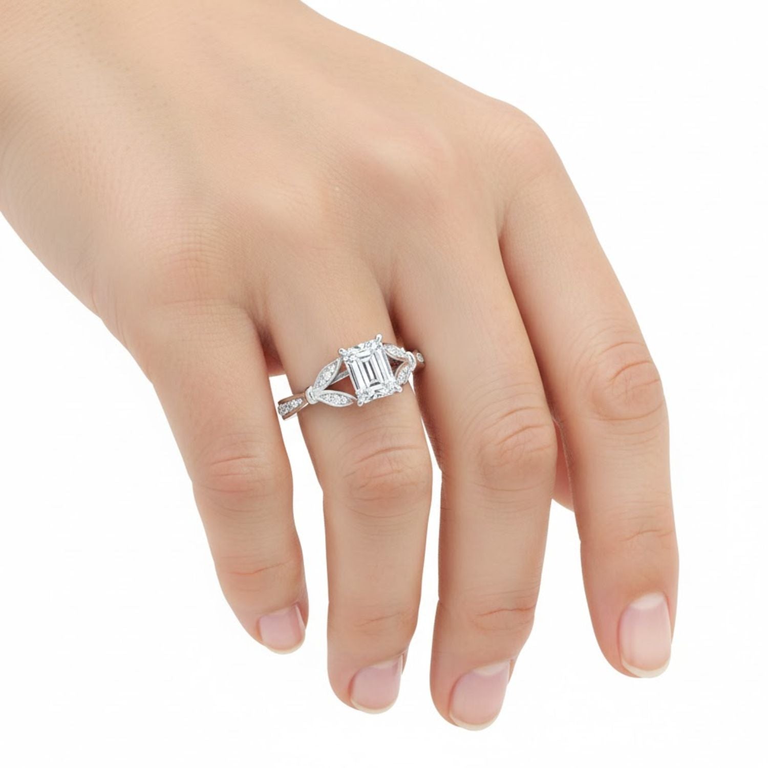Lab Grown Diamond 1.60 CTW Octagon Vintage Inspired Leaf Design Ring- Sterling Silver