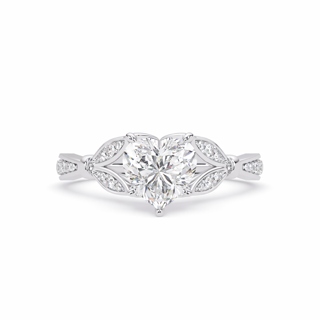 Lab Grown Diamond 1.70 CTW Heart Vintage Inspired Leaf Design Ring- Sterling Silver
