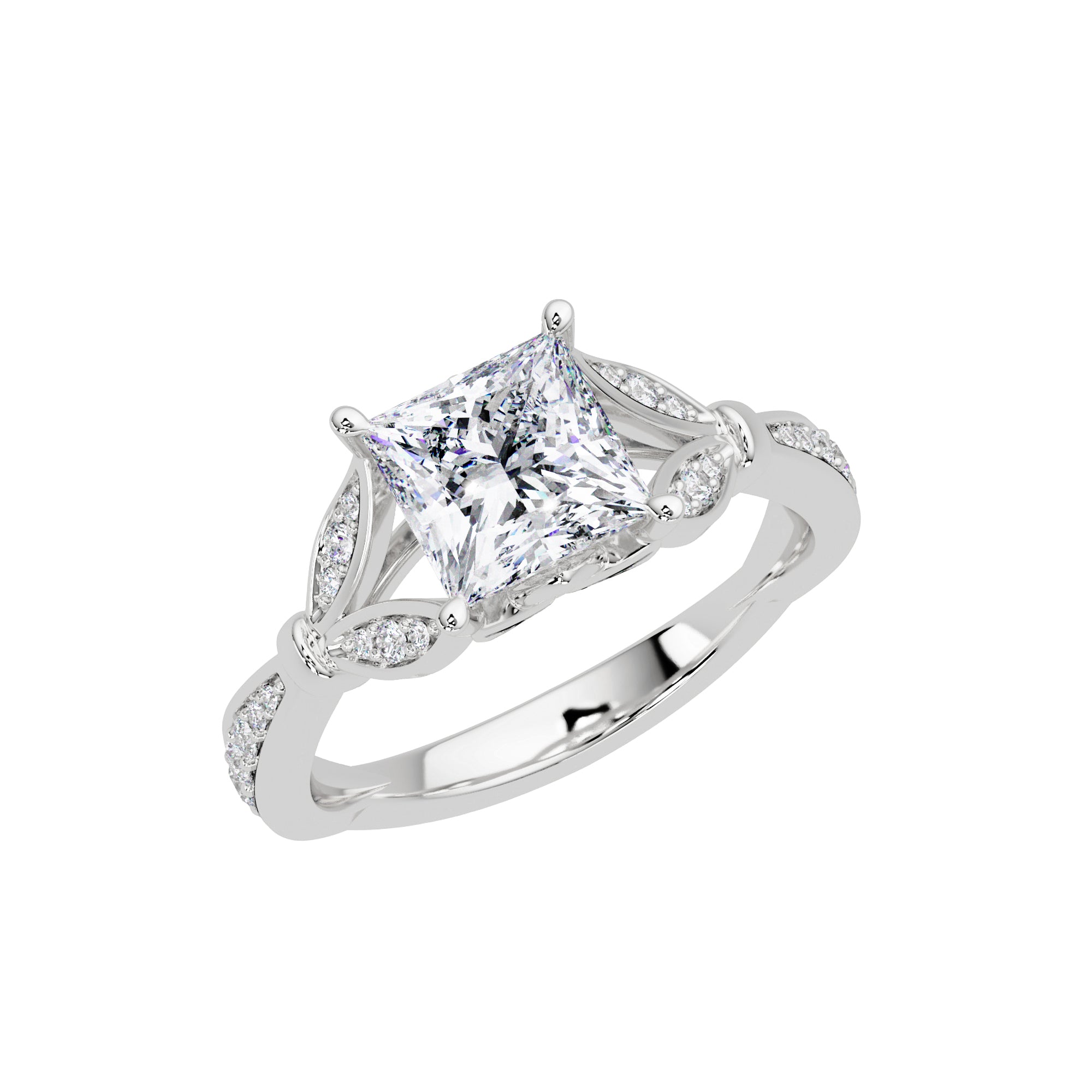 Lab Grown Diamond 1.75 CTW Princess Cut Twisted Leaf Accent Ring- Sterling Silver