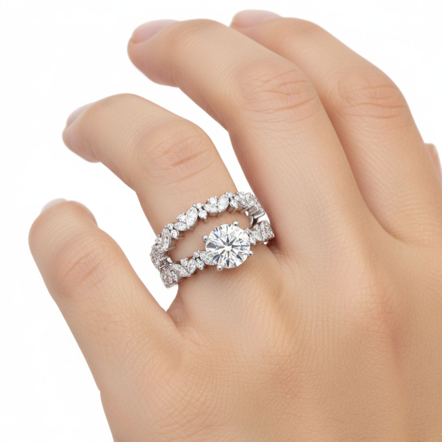 Lab Grown Diamond 3.00 CTW Round Side Stone Elegant Design Ring- Sterling Silver