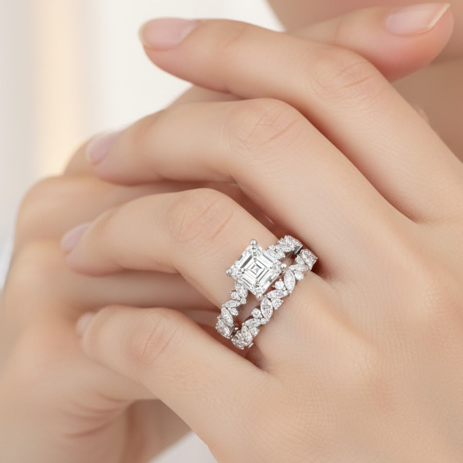 Lab Grown Diamond 2.85 CTW Octagon Side Stone Elegant Design Ring- Sterling Silver