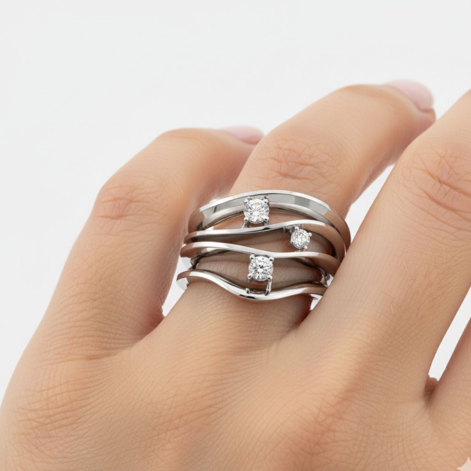 Lab Grown Diamond 0.23 CTW Round Multi-Row Overlapping Design Ring- Sterling Silver