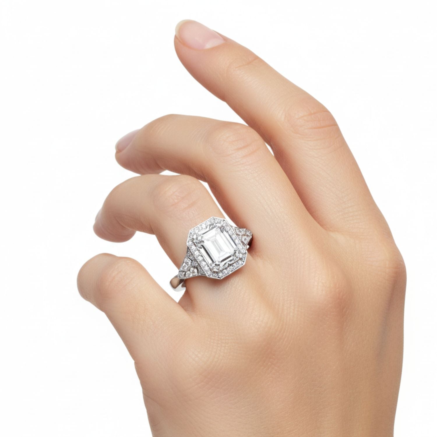 Lab Grown Diamond 2.00 CTW Octagon Solitaire Halo Ring- Sterling Silver