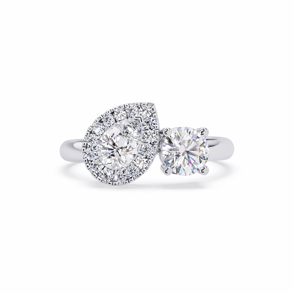 Lab Grown Diamond 1.00 CTW Pear Dual Stone Bypass Halo Ring- Sterling Silver