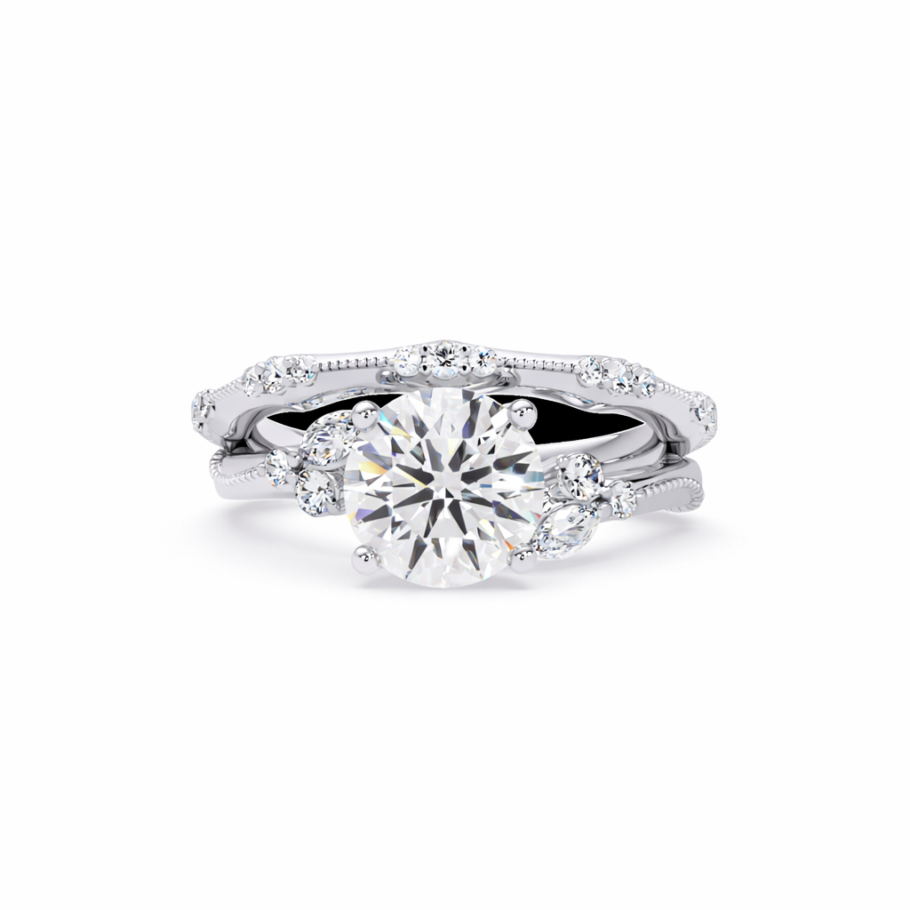 Lab Grown Diamond 2.30 CTW Round Solitaire With Floral Accent Ring- Sterling Silver