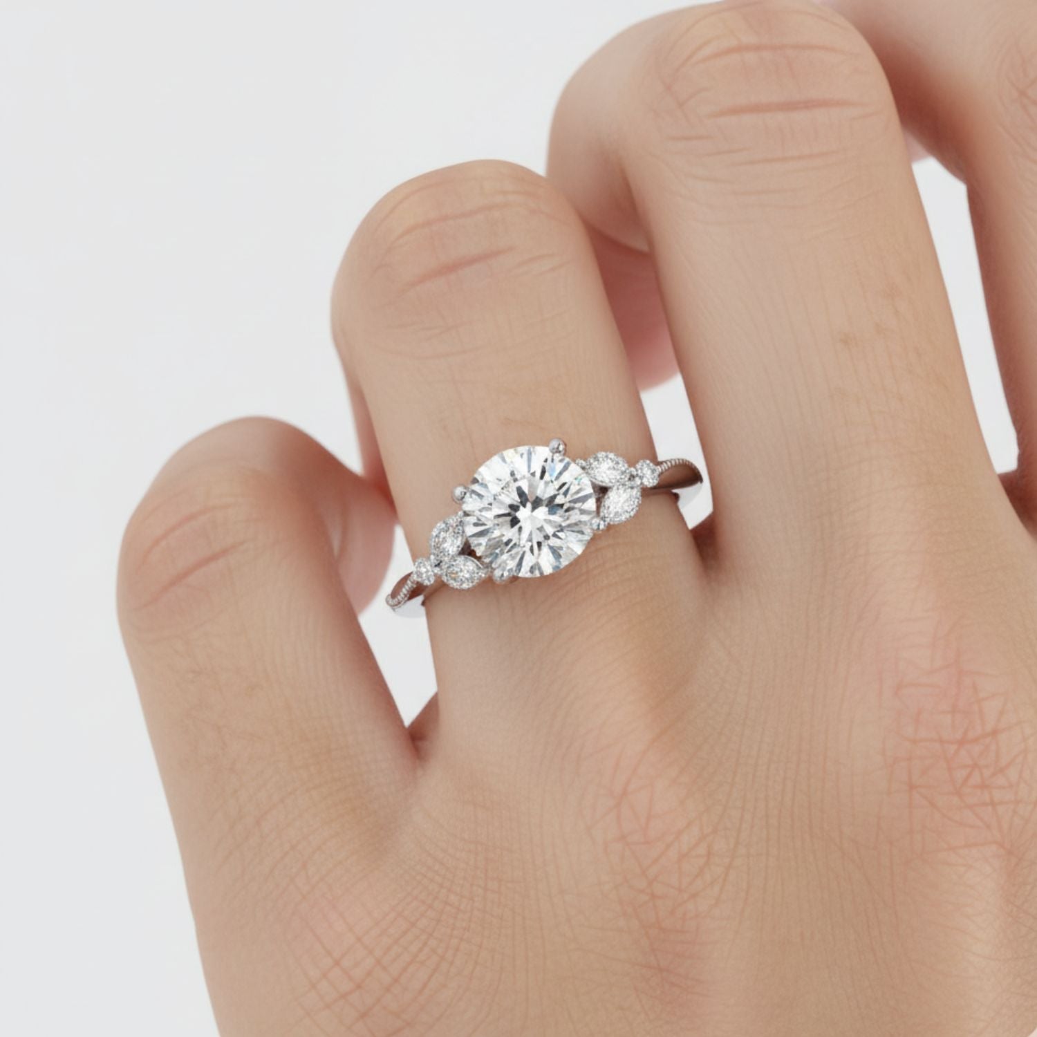 Lab Grown Diamond 2.30 CTW Round Solitaire With Floral Accent Ring- Sterling Silver