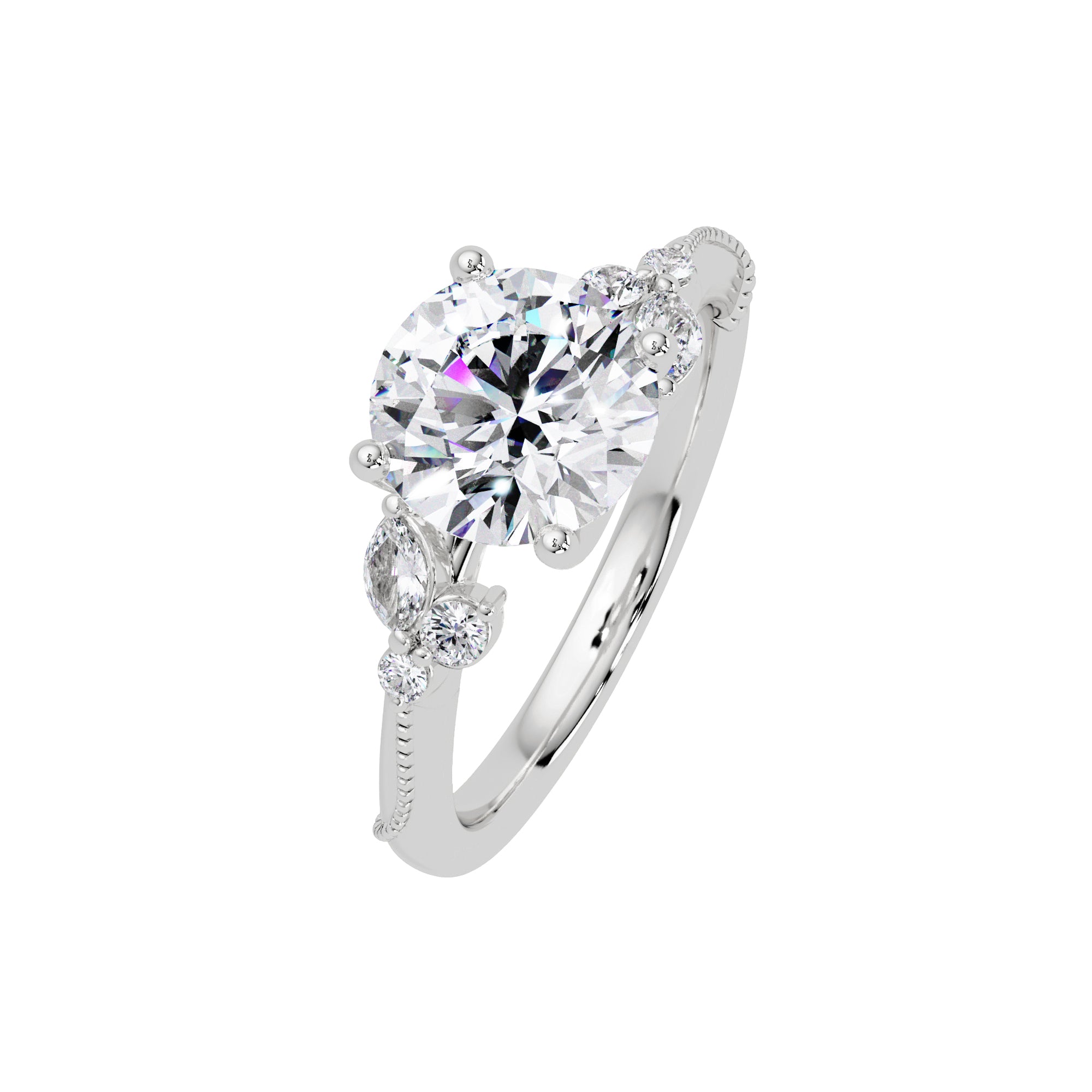 Lab Grown Diamond 2.30 CTW Round Solitaire With Floral Accent Ring- Sterling Silver
