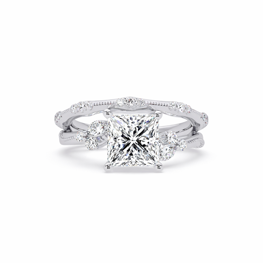 Lab Grown Diamond 2.40 CTW Square Solitaire With Floral Accent Ring- Sterling Silver