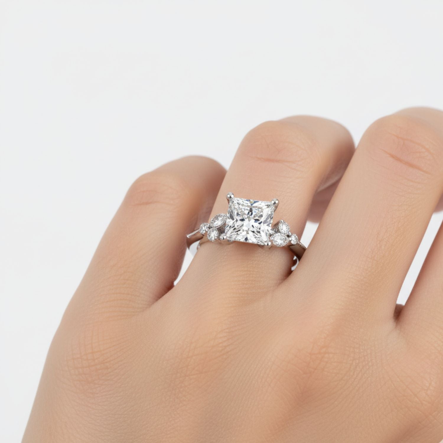 Lab Grown Diamond 2.40 CTW Square Solitaire With Floral Accent Ring- Sterling Silver