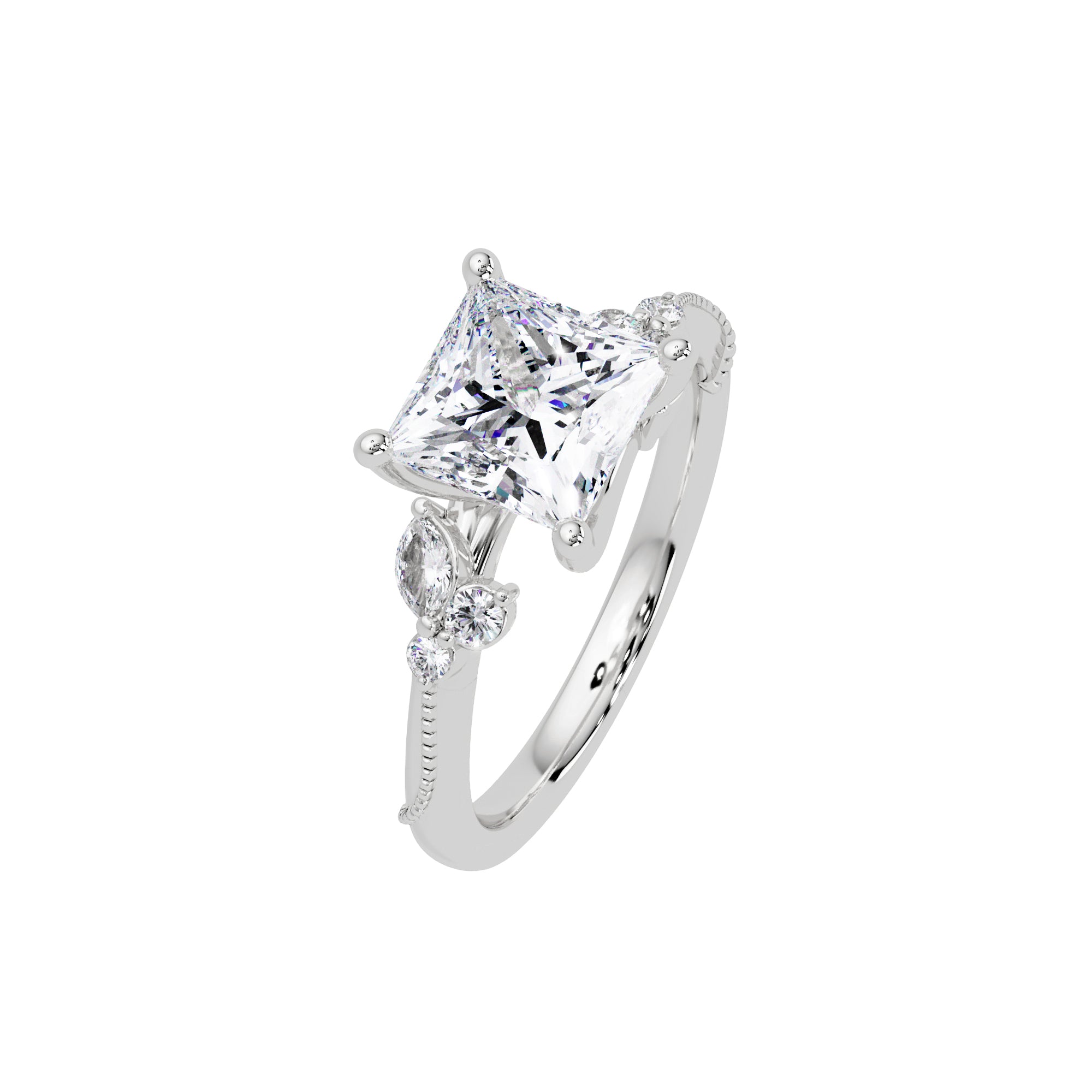 Lab Grown Diamond 2.40 CTW Square Solitaire With Floral Accent Ring- Sterling Silver