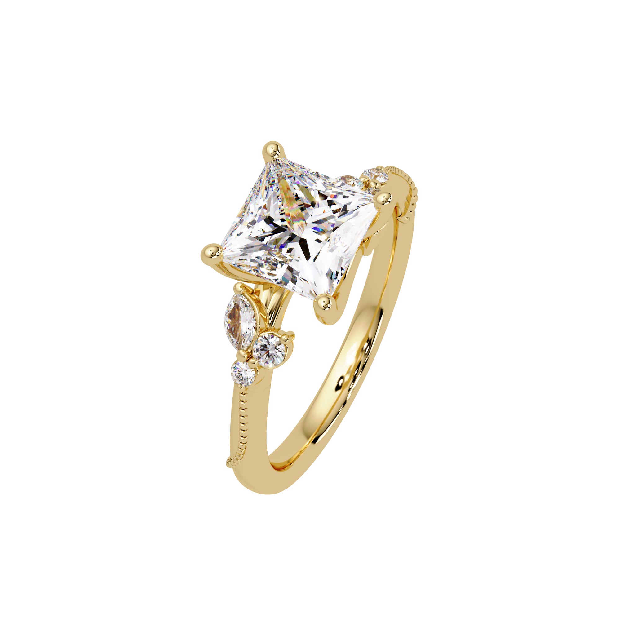 Lab Grown Diamond 2.40 CTW Square Solitaire With Floral Accent Ring- Sterling Silver