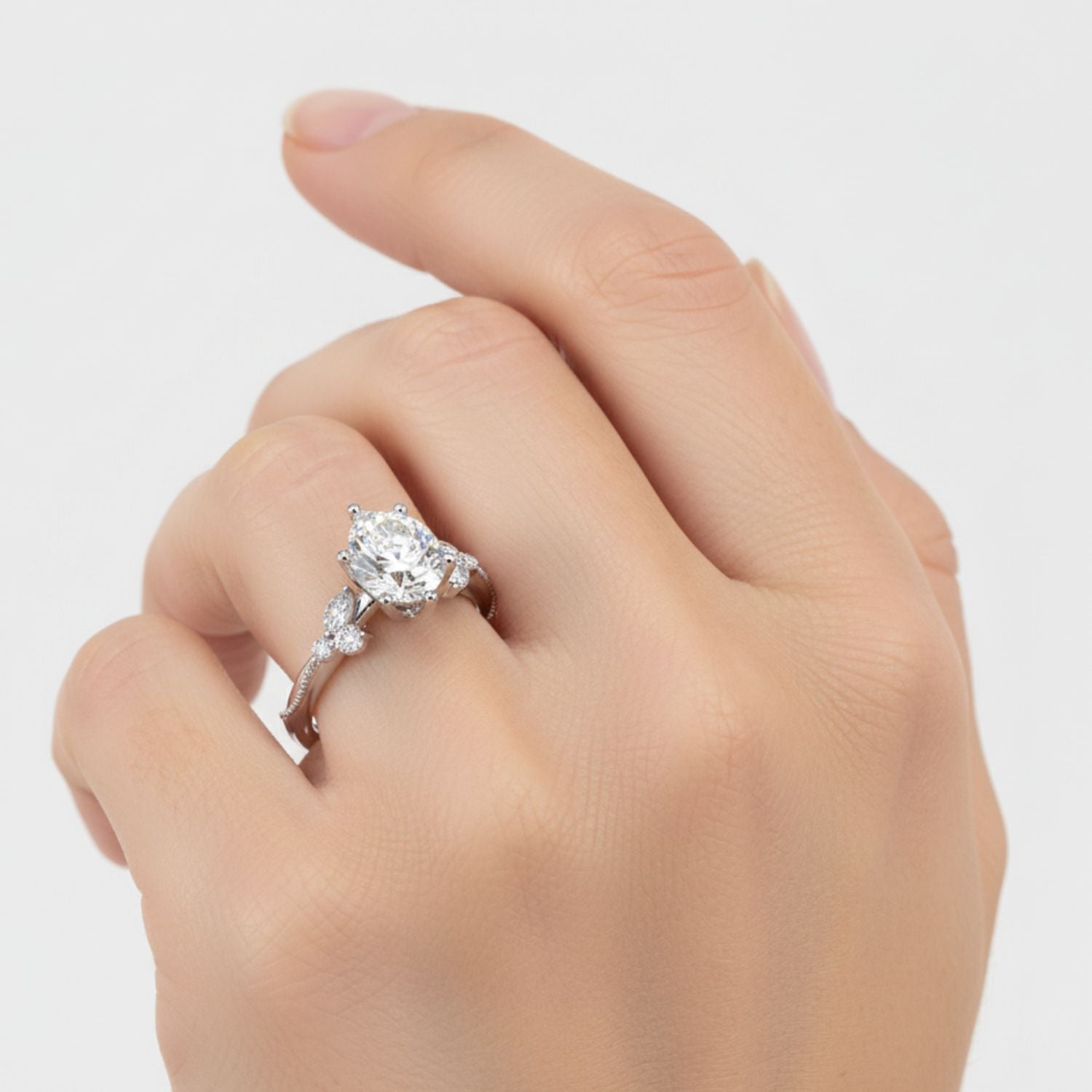 Lab Grown Diamond 1.85 CTW Pear Solitaire With Floral Accent Ring- Sterling Silver