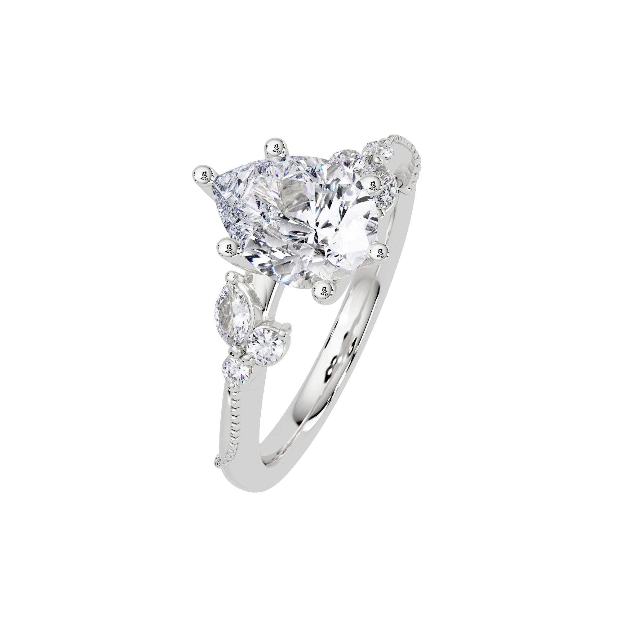 Lab Grown Diamond 1.85 CTW Pear Solitaire With Floral Accent Ring- Sterling Silver