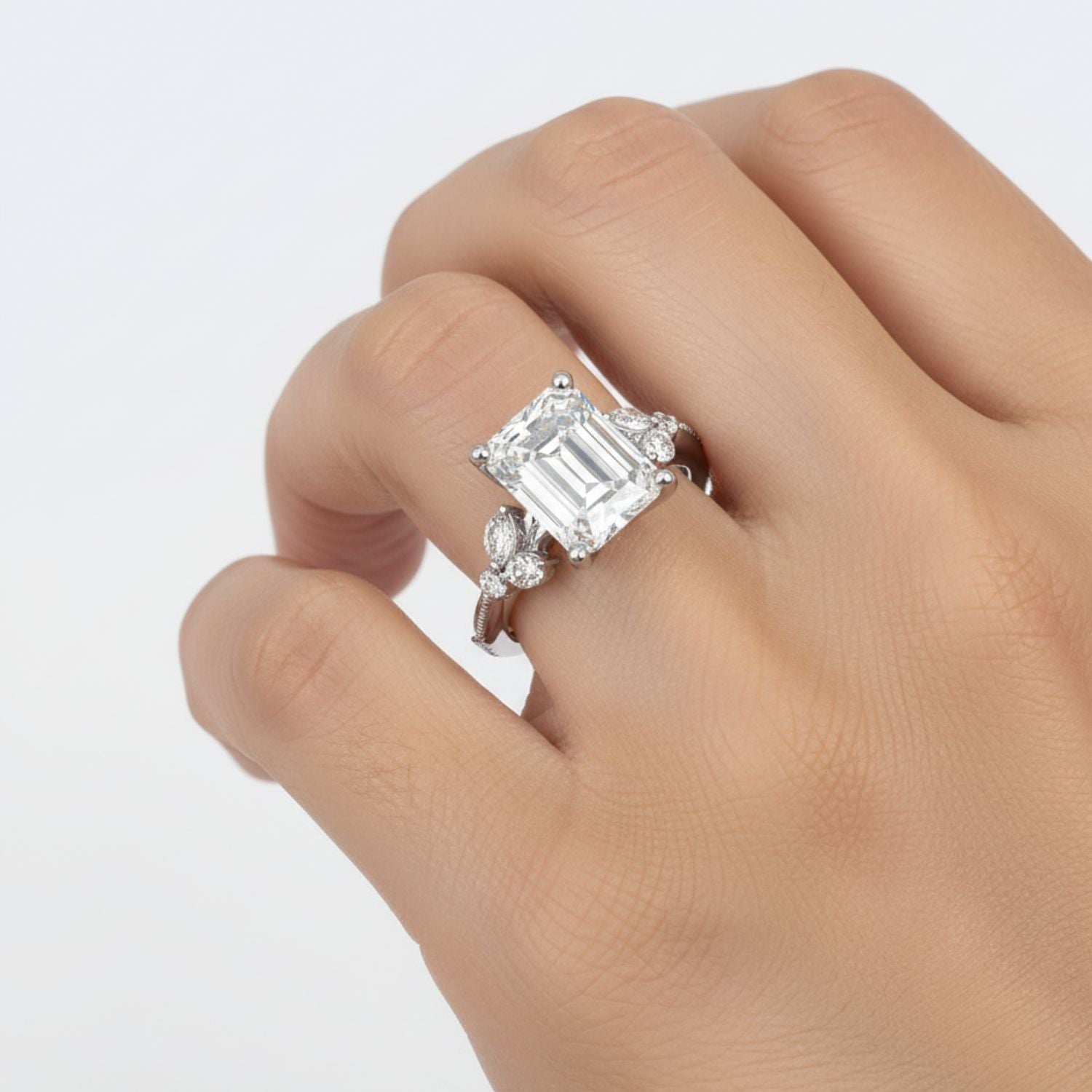 Lab Grown Diamond 2.50 CTW Octagon Solitaire With Floral Accent Ring- Sterling Silver