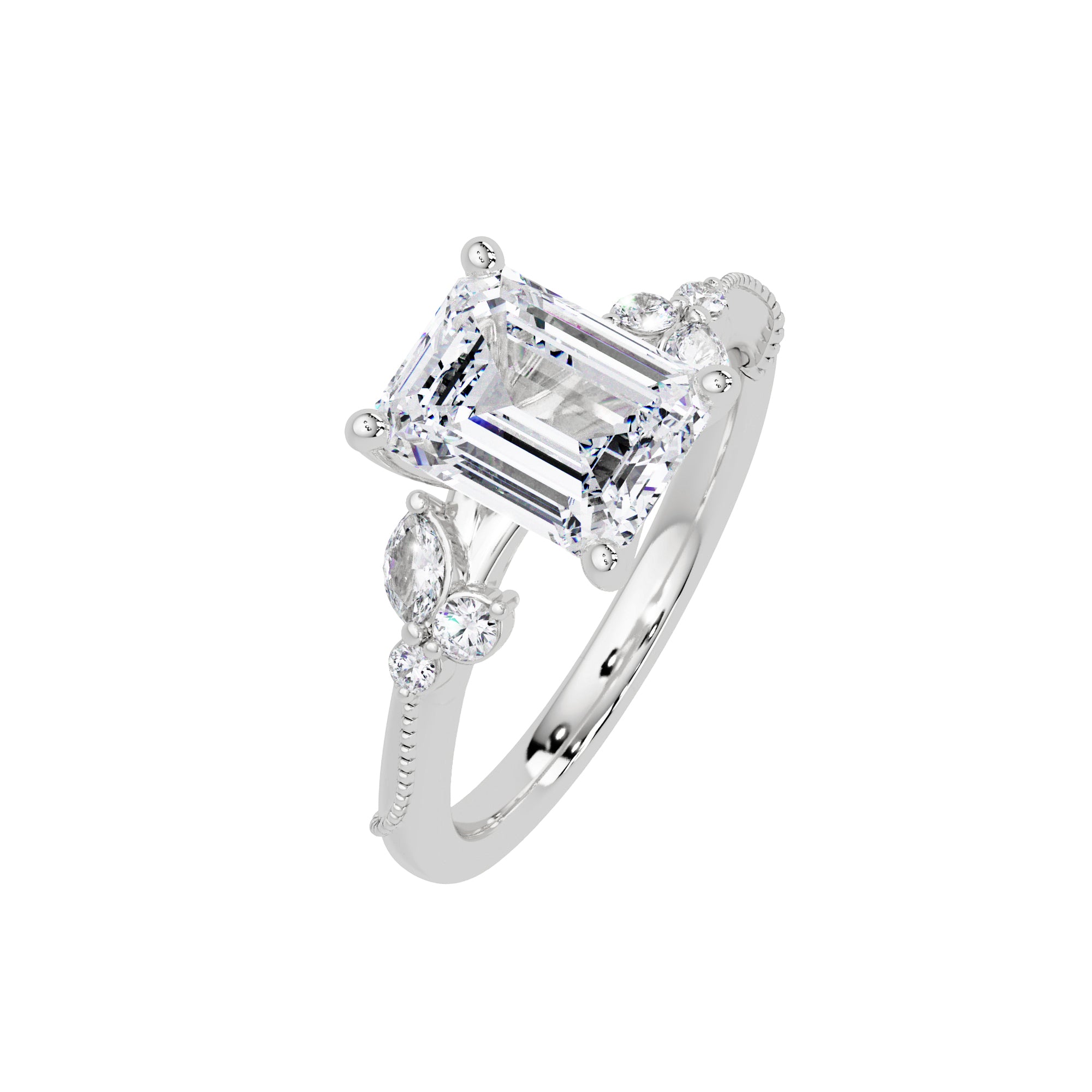 Lab Grown Diamond 2.50 CTW Octagon Solitaire With Floral Accent Ring- Sterling Silver