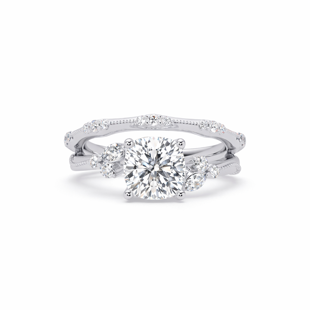 Lab Grown Diamond 2.15 CTW Cushion Solitaire With Floral Accent Ring- Sterling Silver