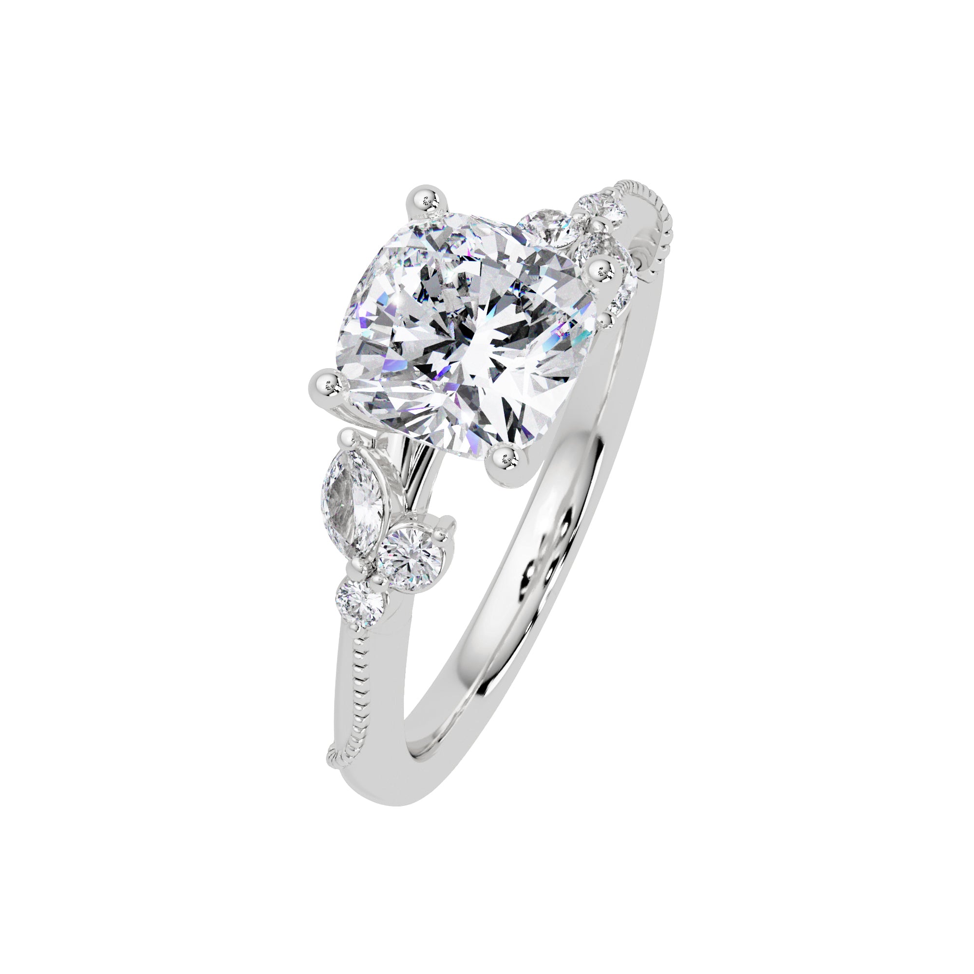 Lab Grown Diamond 2.15 CTW Cushion Solitaire With Floral Accent Ring- Sterling Silver