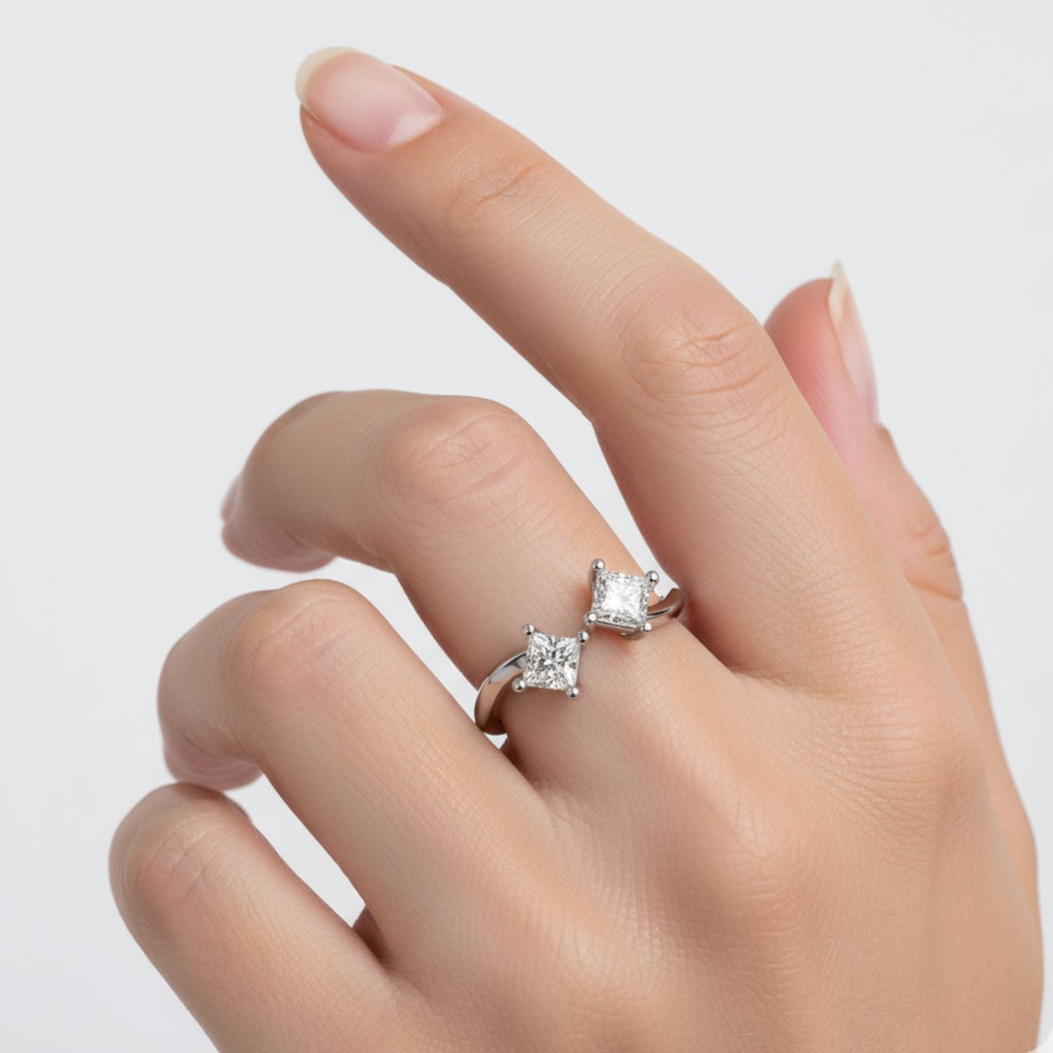 Lab Grown Diamond 1.00 CTW Square Twin Stone Modern Bypass Ring- Sterling Silver