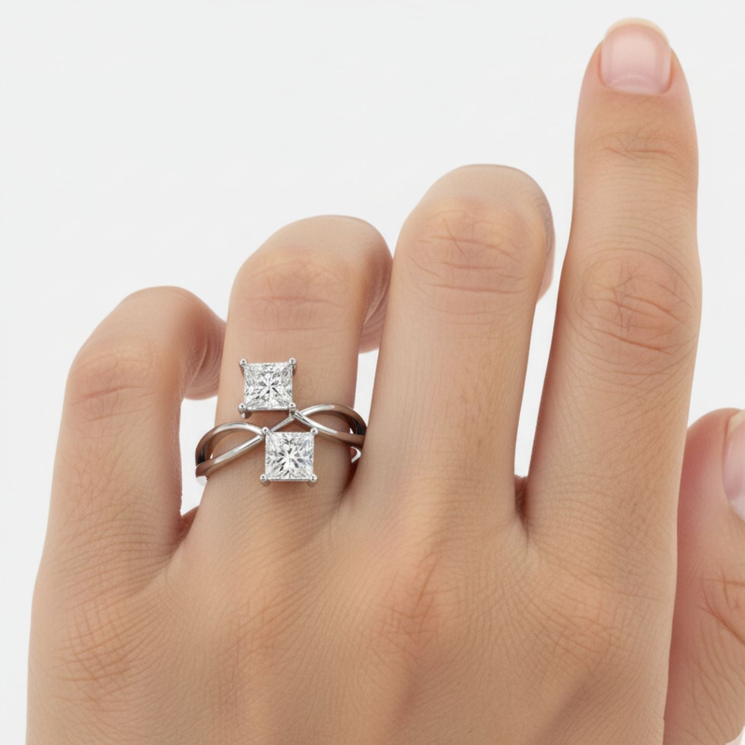 Lab Grown Diamond 1.30 CTW Square Twin Stone Modern Bypass Ring- Sterling Silver