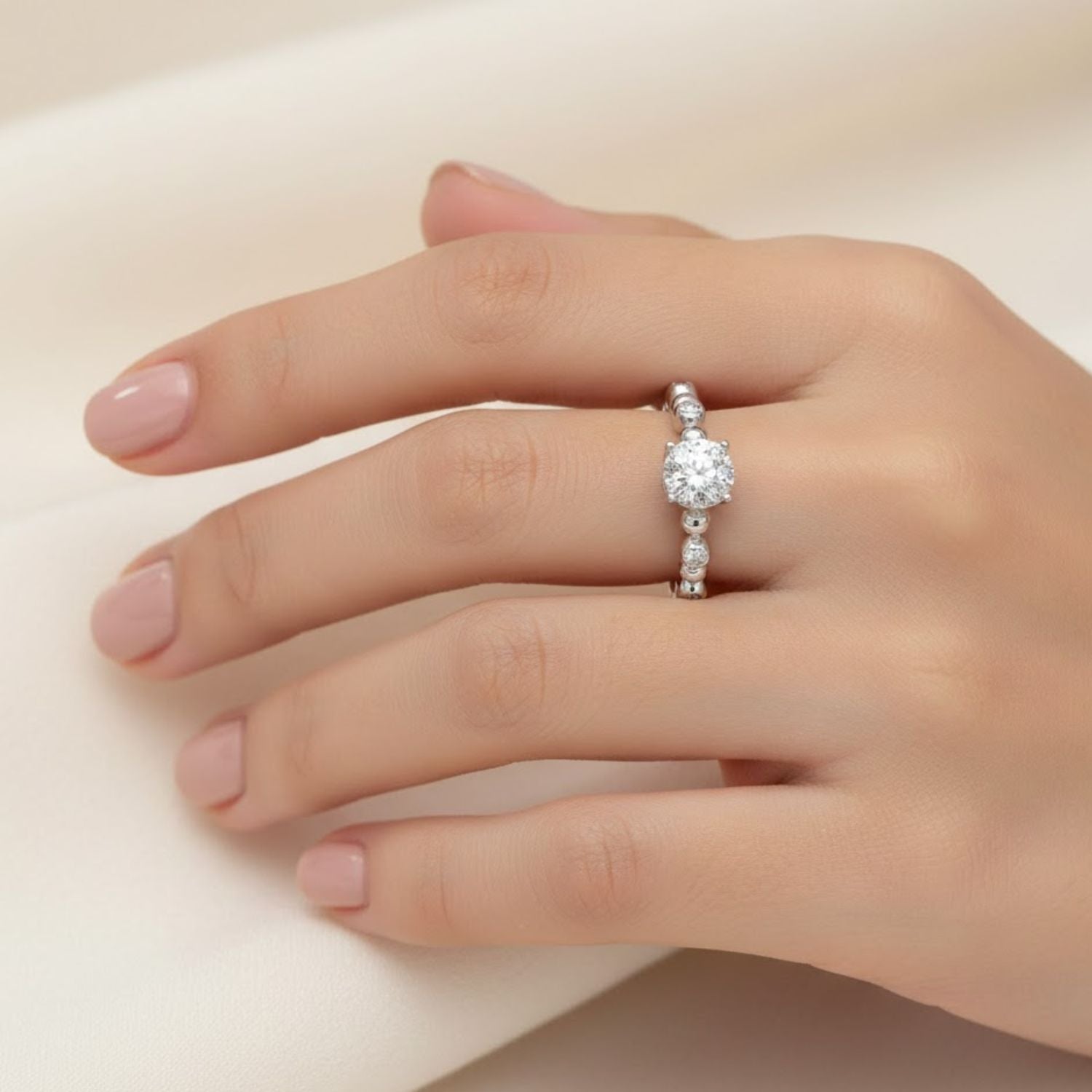 Lab Grown Diamond 0.21 CTW Round Beaded Accent Band Ring- Sterling Silver