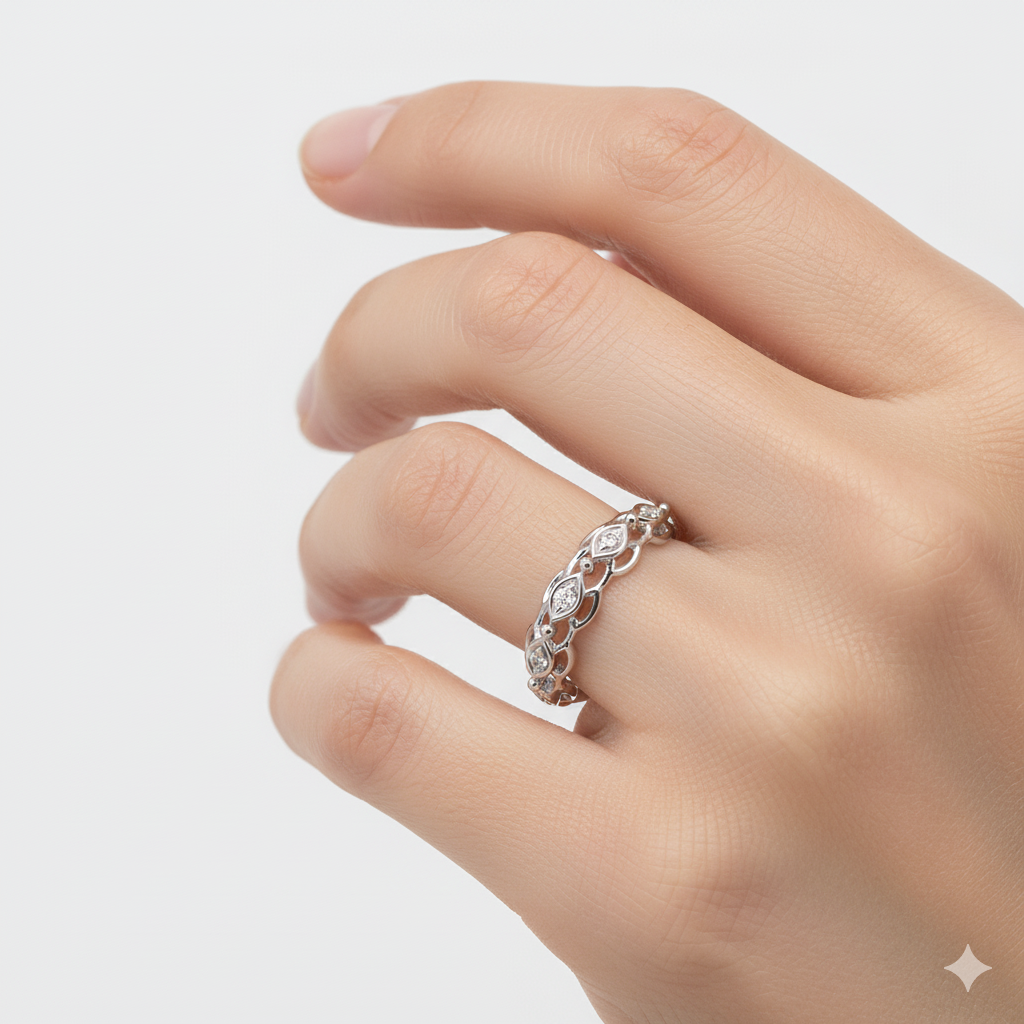 Lab Grown Diamond 0.08 CTW Round Vintage Eye Motif Band Ring- Sterling Silver