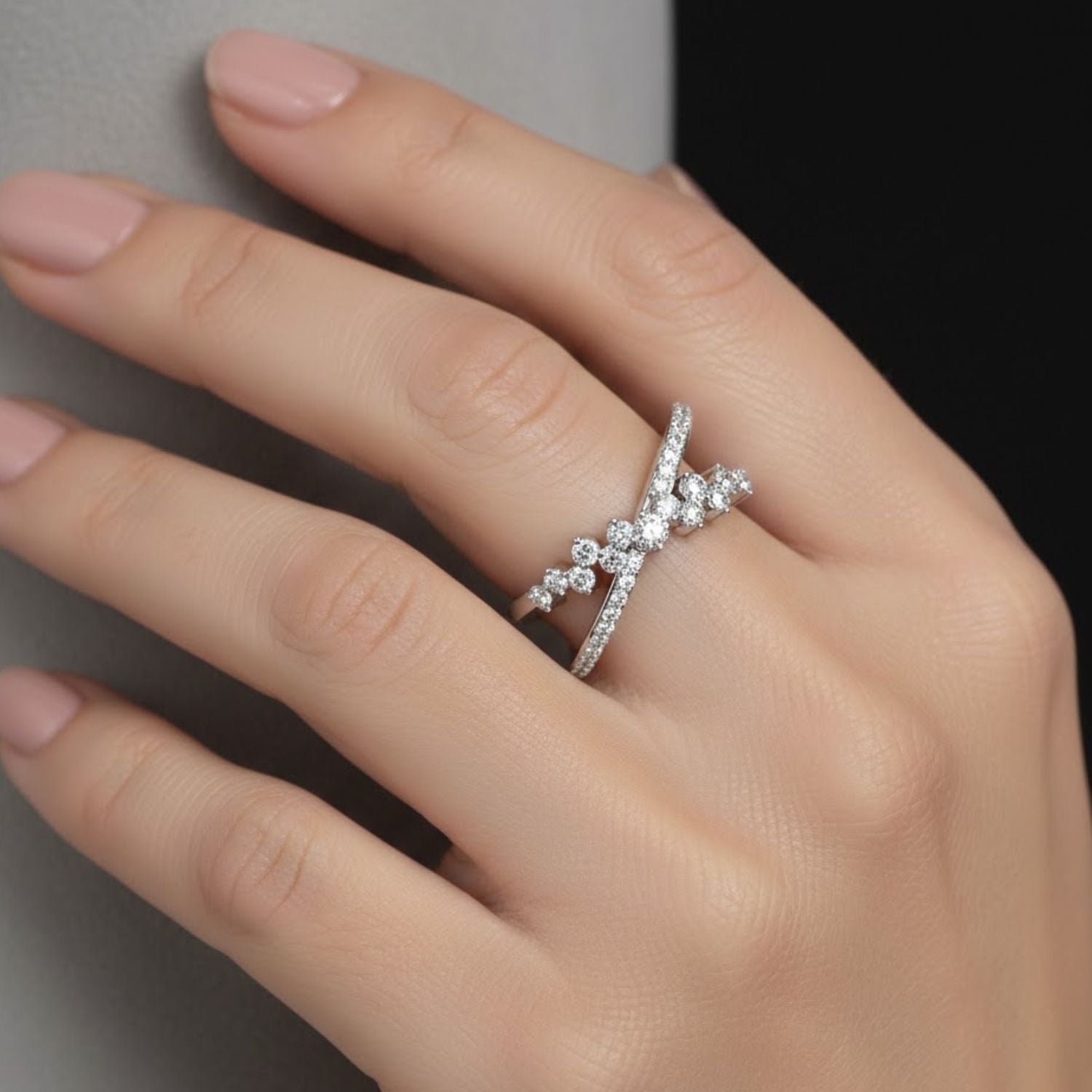 Lab Grown Diamond 0.42 CTW Round Floral Crossover Pavé Band Ring- Sterling Silver