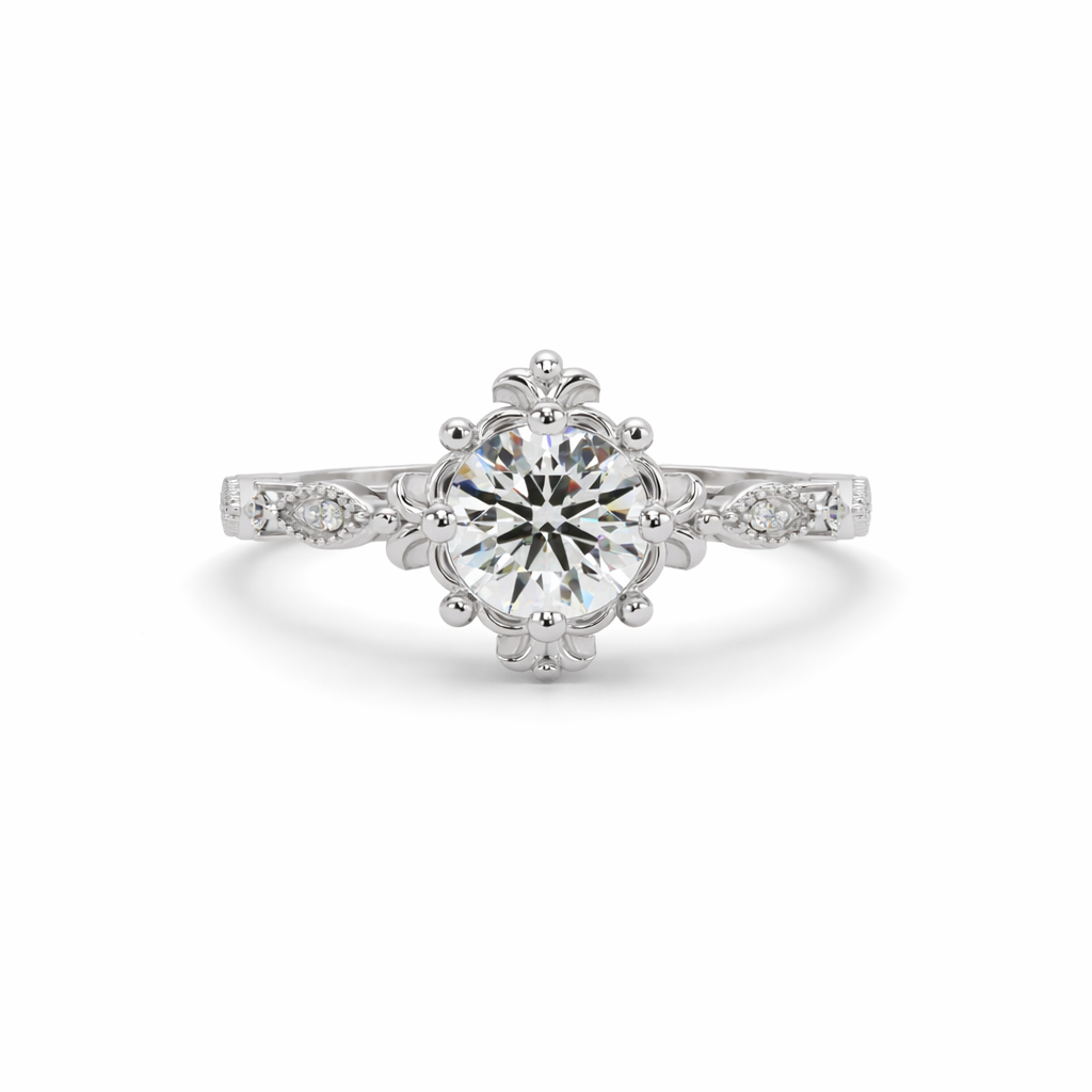 Lab Grown Diamond 1.05 CTW Round Vintage Floral Halo Ring- Sterling Silver