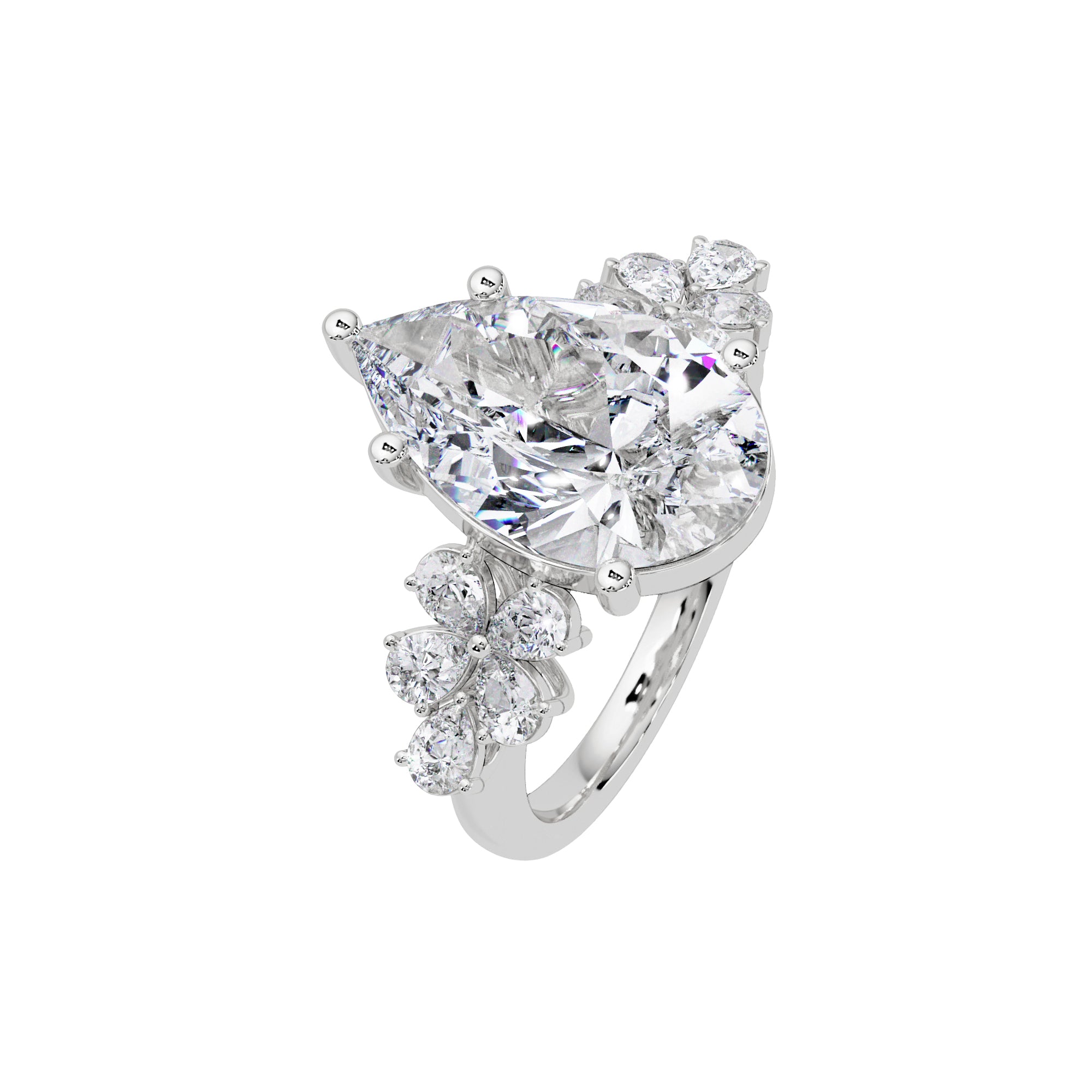 Lab Grown Diamond 6.50 CT Floral Side Cluster Ring- Sterling Silver