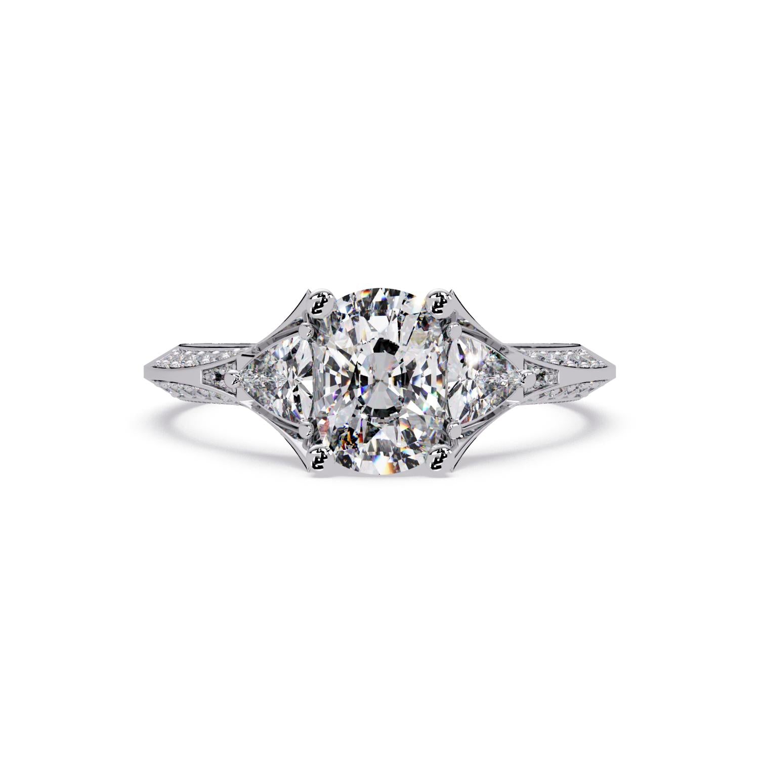 Lab-Grown Diamond 1.75 Ct Cushion Three-Stone Trillion Side Vintage Ring - Sterling Silver