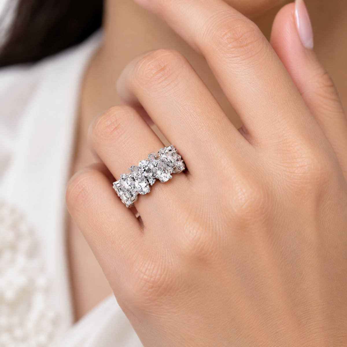 7.00 Ct Pear & Round Lab-Grown Diamond Eternity Ring - 925 Sterling Silver