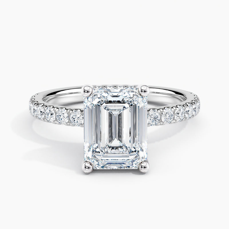 Emerald Cut 3.10 Ct Lab Grown Diamond Pavé Band Engagement Ring - Sterling Silver