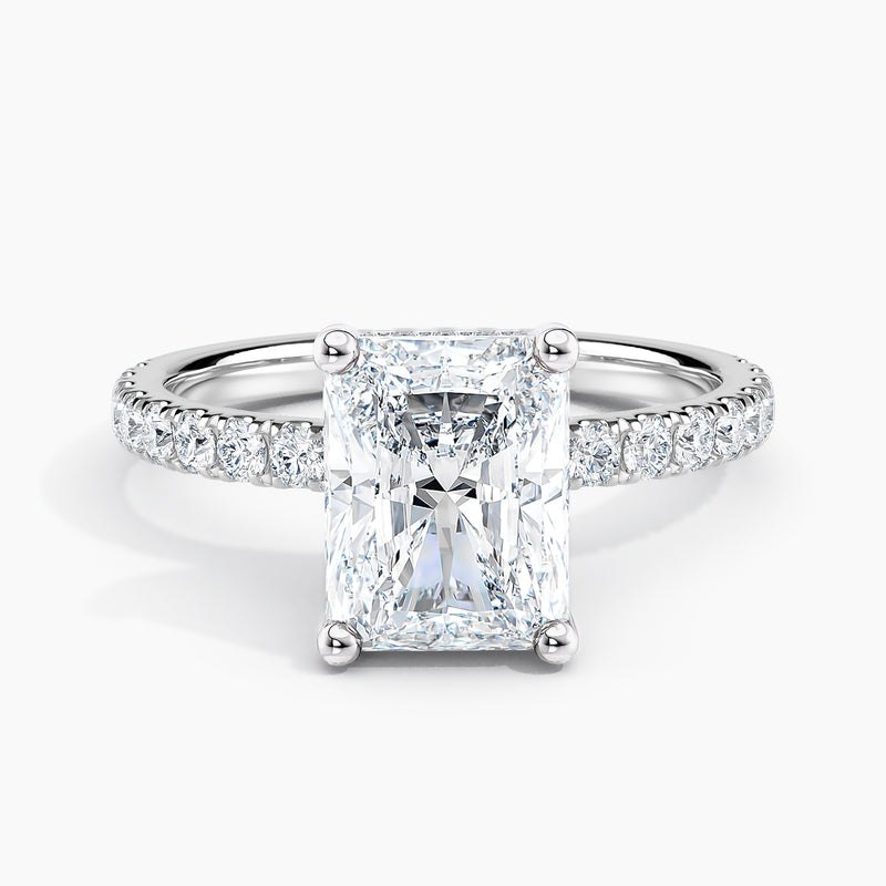4.10 Ct Emerald Cut Lab Grown Diamond Pavé Band Luxury Engagement Ring - Sterling Silver