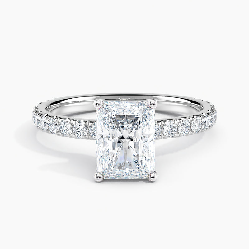 3.80 Ct Emerald Cut Lab Grown Diamond Pavé Band Engagement Ring - Sterling Silver